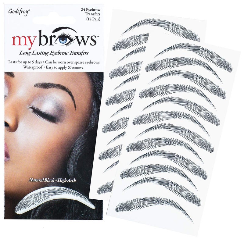 Godefroy MyBrows Long Lasting Eyebrow Transfers, High Arch, Natural Black, 12-Pairs of Brows