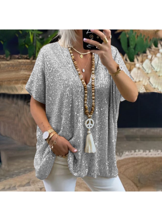 New European And American Short-sleeved Urban Casual Loose Pullover Sequined V-neck T-shirt Top Women's Clothing