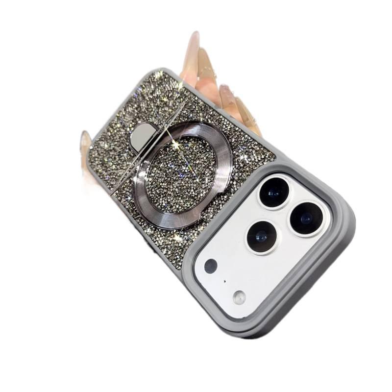 غطاء MagSafe بAcrylic لـ iPhone 16 / 16 Plus / 16 Pro / 16 Pro Max باللون رمادي بوظيفة حامل بتفاصيل مرصعة من الأكريليك مع حامل ومغناطيس قوي مع كريستال راينستون مع مغناطيسي - Image 1