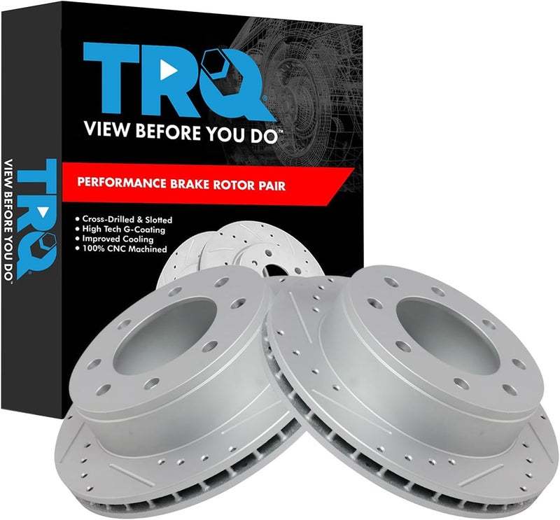 TRQ Rear Performance Brake Rotors Set Premium G-Coated Cross Drilled & Slotted Compatible with 2008-2023 Chevrolet Express 2500 2005-2023 Express 3500 GMC Savana 2500 Savana 3500 - Image 1