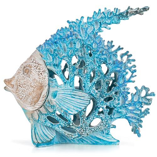 VVGIFTS Beach Coastal Decor Coral Reef Angelfish Home Office Desk Decor Sculpture Statue for Tabletop Shelf Bathroom Decoration Ornament Gift (Turquoise and Blue) - Image 2