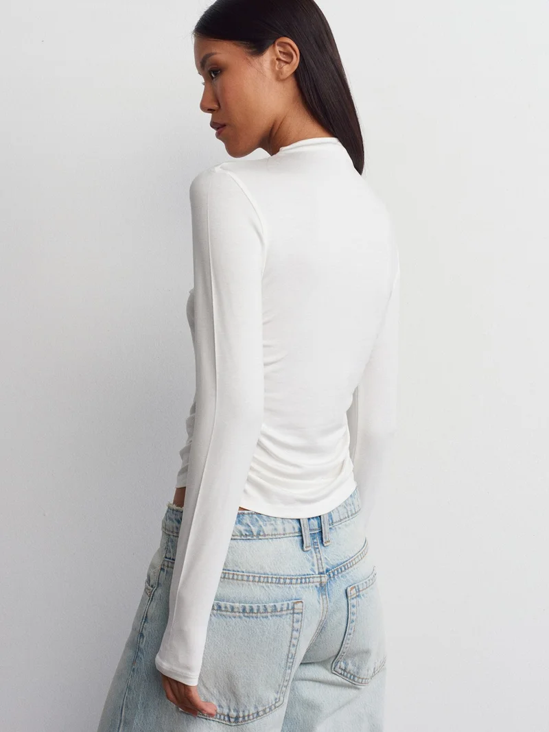 Dilvin 30504 Side Gathered Long Sleeve Blouse-Ecru