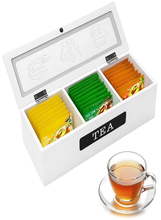 KH866 Tea Bag Holder Organizer Wood Wooden White 3 Compartment Slots Box Storage for and Display Slim Caddy Bags with Wooden Divided Chest Mini Countertop Sugar Packet Container Small Space Antique - Image 1