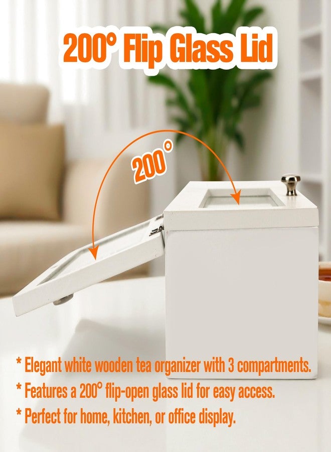 KH866 Tea Bag Holder Organizer Wood Wooden White 3 Compartment Slots Box Storage for and Display Slim Caddy Bags with Wooden Divided Chest Mini Countertop Sugar Packet Container Small Space Antique - Image 3