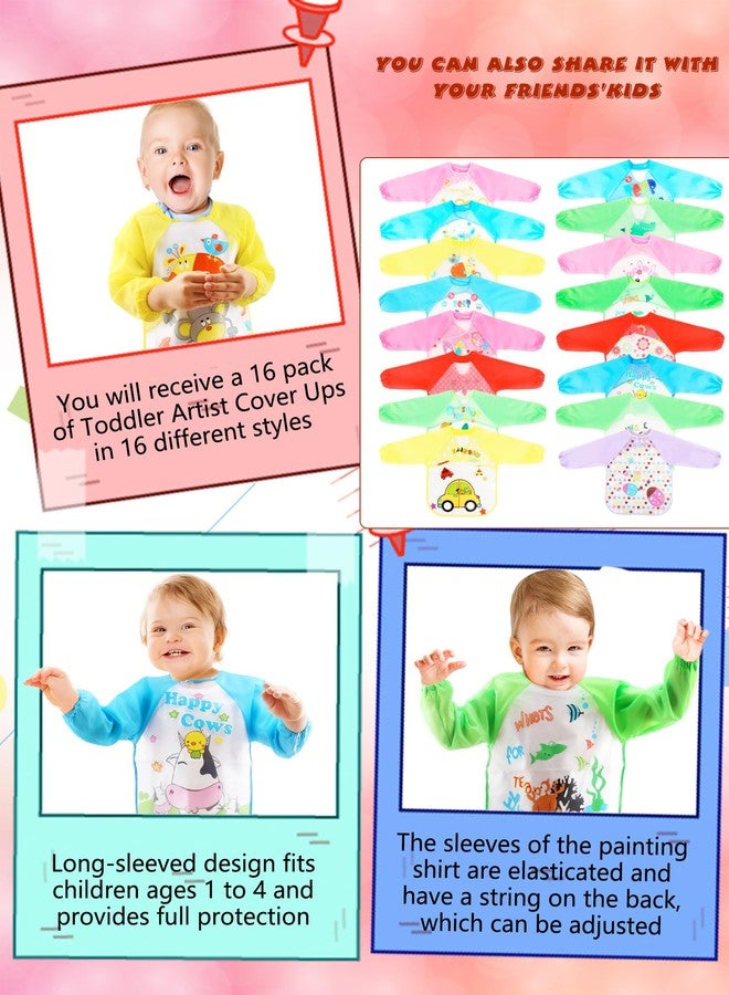 Flotory 16 Pcs Kids Art Smock Painting Smock Waterproof Apron Long Sleeve Washable Aprons for Boys Girls Drawing Cooking Crafting Eating, 16 Styles - Image 3