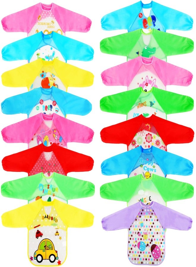 Flotory 16 Pcs Kids Art Smock Painting Smock Waterproof Apron Long Sleeve Washable Aprons for Boys Girls Drawing Cooking Crafting Eating, 16 Styles - Image 1
