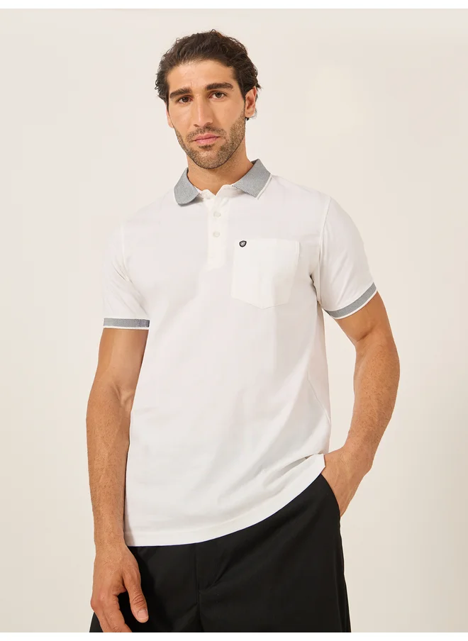 فورت كولينز Fort Collins Men White Contrast Trim Short Sleeve Polo T-Shirt with Pocket