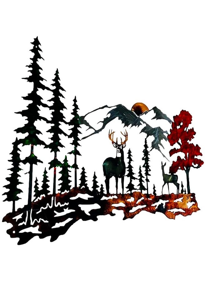 Gudui Metal Deer Wall Decor Forest Deer Mountain Metal Wall Art Rustic Cabin Wildlife Hunting Wall Decor for Lodge Bedroom Bathroom, Colorful Wall Decoration Outdoor, 11.8 X 9 Inch - Image 1