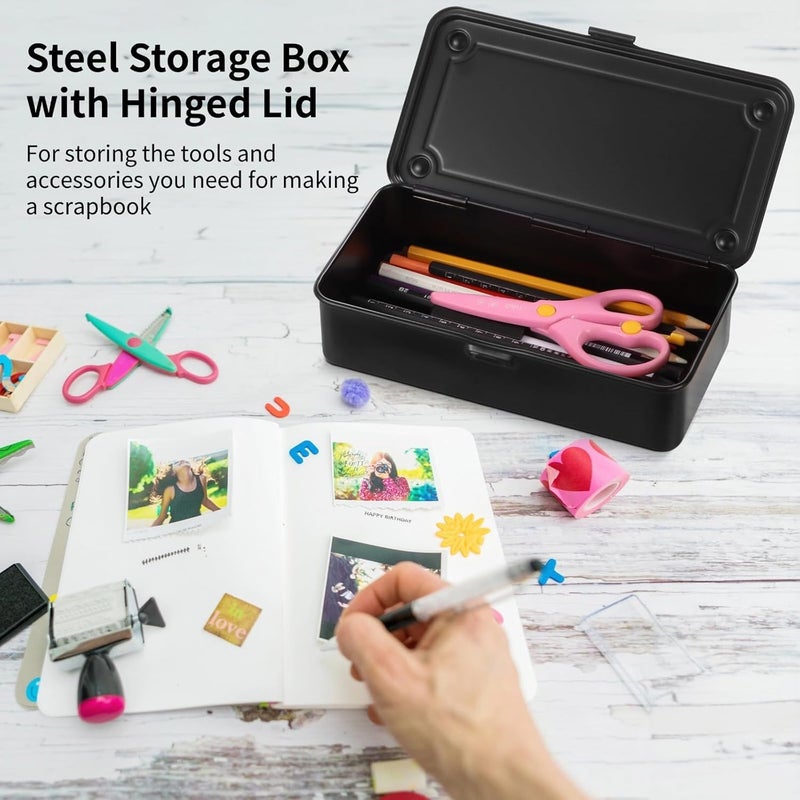 Hinged Steel Storage Box, Metal Organizer for Office Supplies, Scrapbook Tools, Pens, and More - Image 3