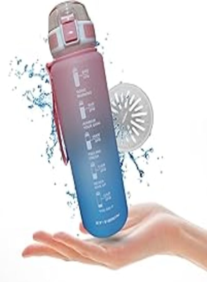 hanso Sports Water Bottle with Time Marker, Motivational Quotes, Colander & Straw - BPA Free Tritan Plastic Drinking Bottle for School, Office, Gym & Outdoor Sports, 1 L (Pink)