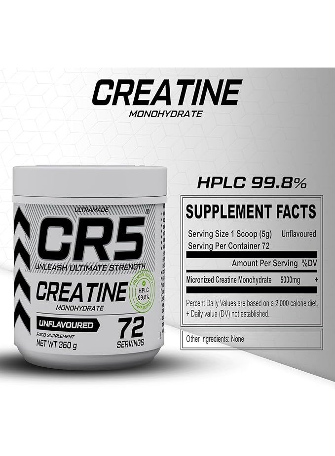 CR5 Creatine Monohydrate Unflavored 360g – HPLC Tested 99.8% Pure Creatine, 72 Servings for Strength & Performance - Image 4