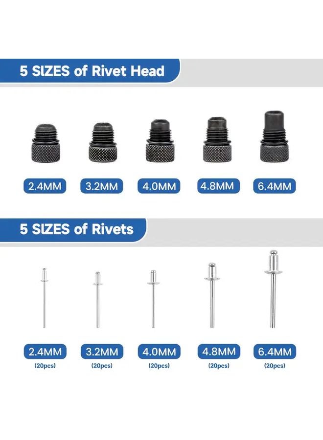 Blue Rivet Gun Adapter Kit 5 Interchangeable Heads 100 Blind Rivets for Electric Drills - Image 4