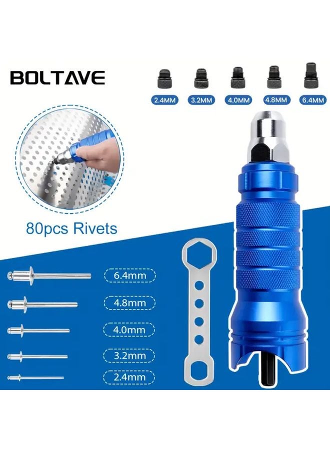 Blue Rivet Gun Adapter Kit 5 Interchangeable Heads 100 Blind Rivets for Electric Drills - Image 2