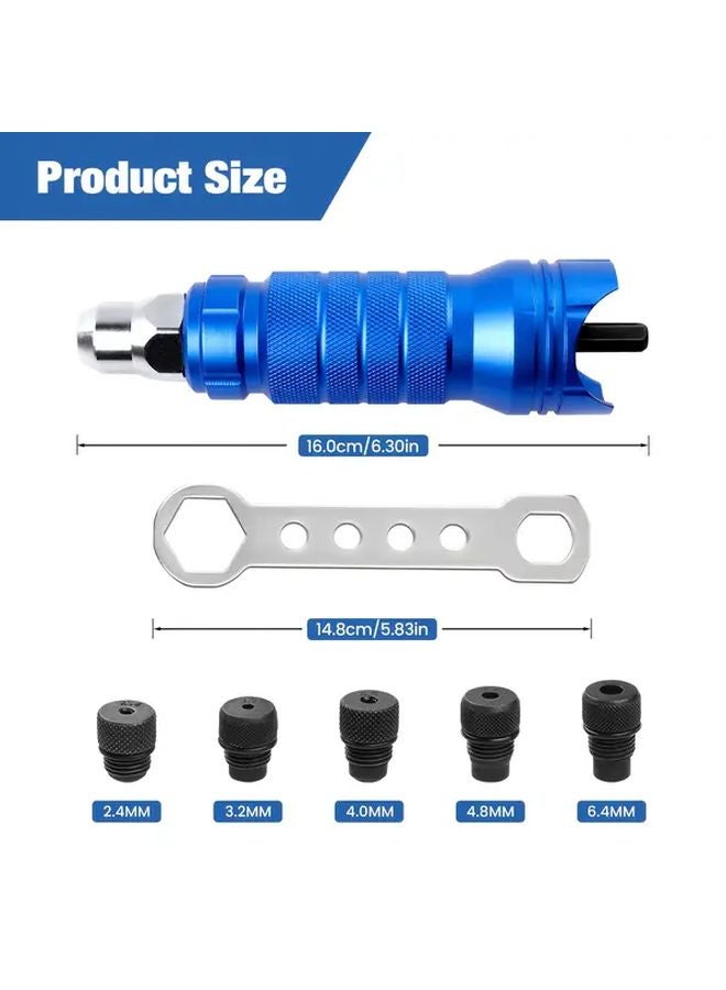 Blue Rivet Gun Adapter Kit 5 Interchangeable Heads 100 Blind Rivets for Electric Drills - Image 3