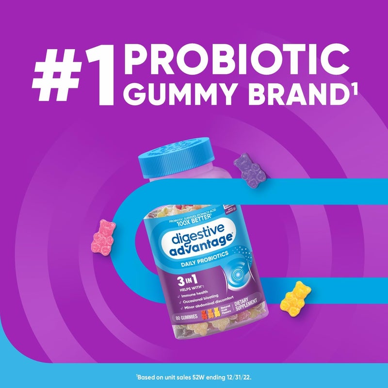 Digestive Advantage Probiotic Gummies For Digestive Health Natural Fruit Flavors Vitamin D Daily Probiotics For Women Men Occasional Bloating Minor Abdominal Discomfort Gut Health 80ct 2 Pack - Image 4