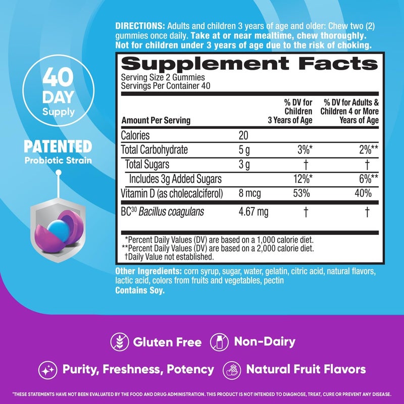 Digestive Advantage Probiotic Gummies For Digestive Health Natural Fruit Flavors Vitamin D Daily Probiotics For Women Men Occasional Bloating Minor Abdominal Discomfort Gut Health 80ct 2 Pack - Image 5