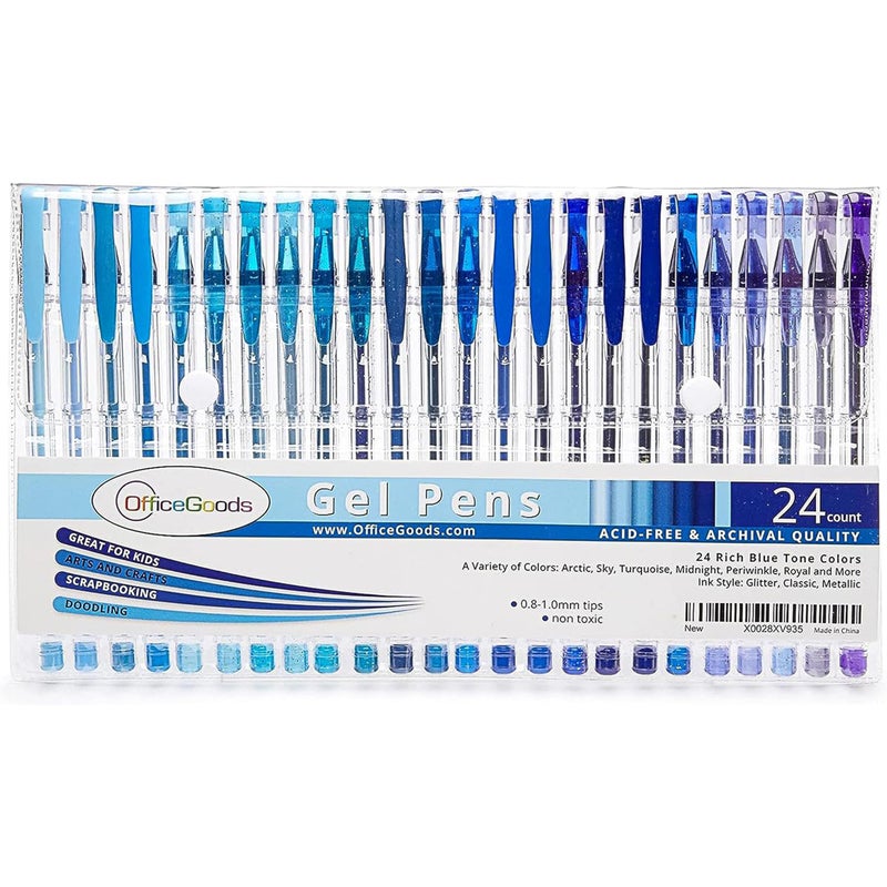 OfficeGoods Blue Gel Pens with Ink Refills, 24 Pack Metallic, Glitter, Classic Colors - 0.8-1.0 mm Medium Tip for Writing, Coloring Books, and Journaling - Image 1