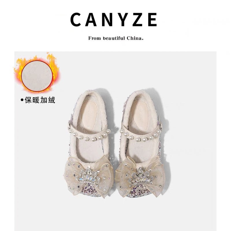 Canyze Girls Cotton Shoes 2024 Winter New Children Rhinestone Princess Shoes Little Girl Fleece-Lined All-Match Single Shoes - Image 1