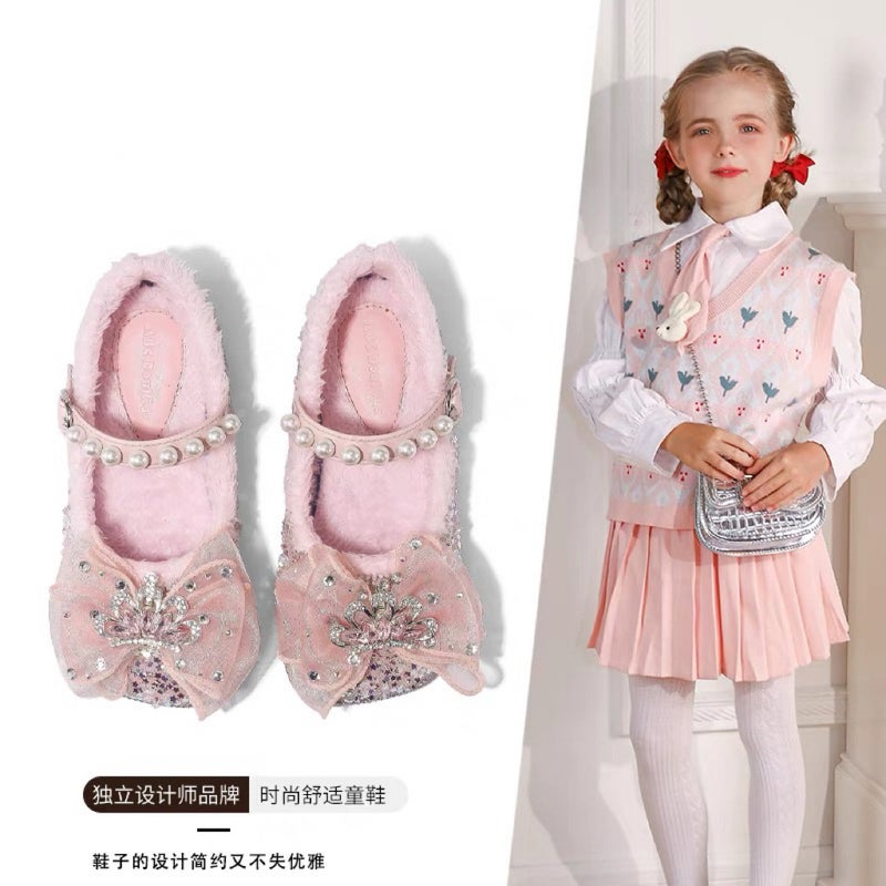 Canyze Girls Cotton Shoes 2024 Winter New Children Rhinestone Princess Shoes Little Girl Fleece-Lined All-Match Single Shoes - Image 2