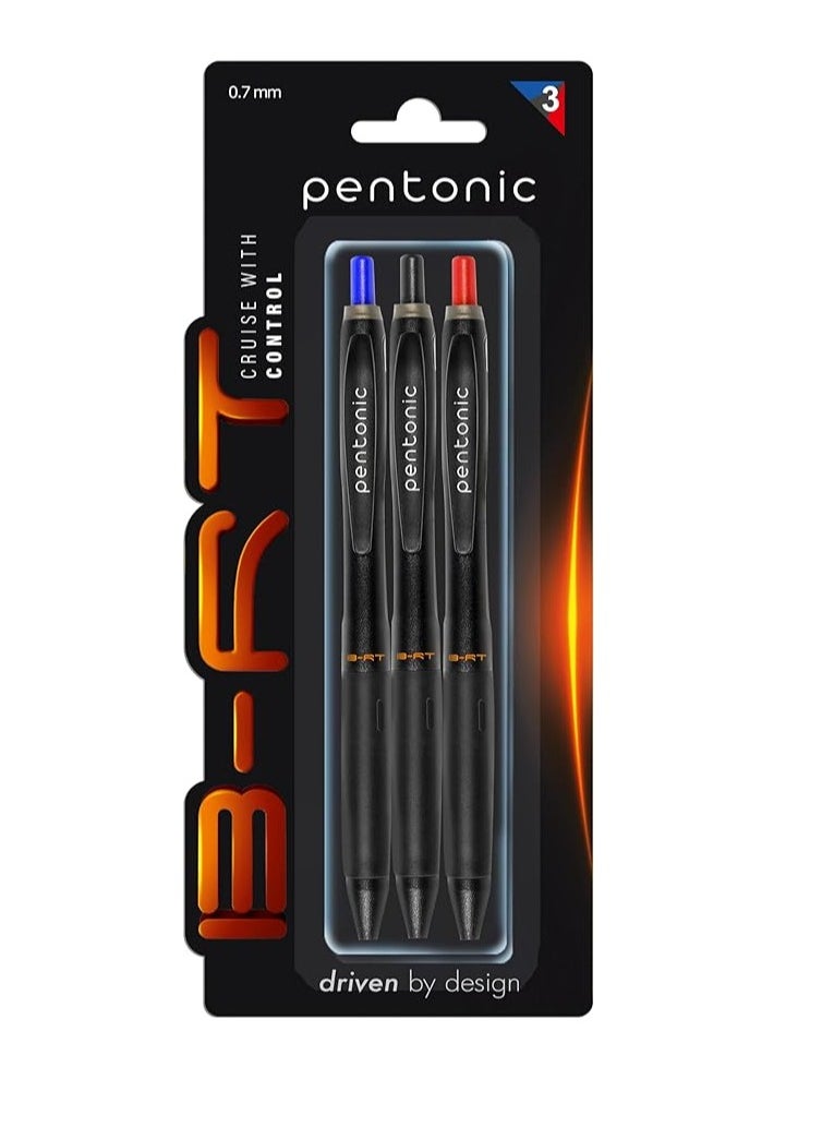 Pentonic Ball Pen Blister Pack | Tip Size 0.7 mm | Retractable Mechanism With Black Matte Finish Body | Smart Grip For Fast Writing Experience | Blue, Black & Red Ink, Pack Of 3  - Image 1