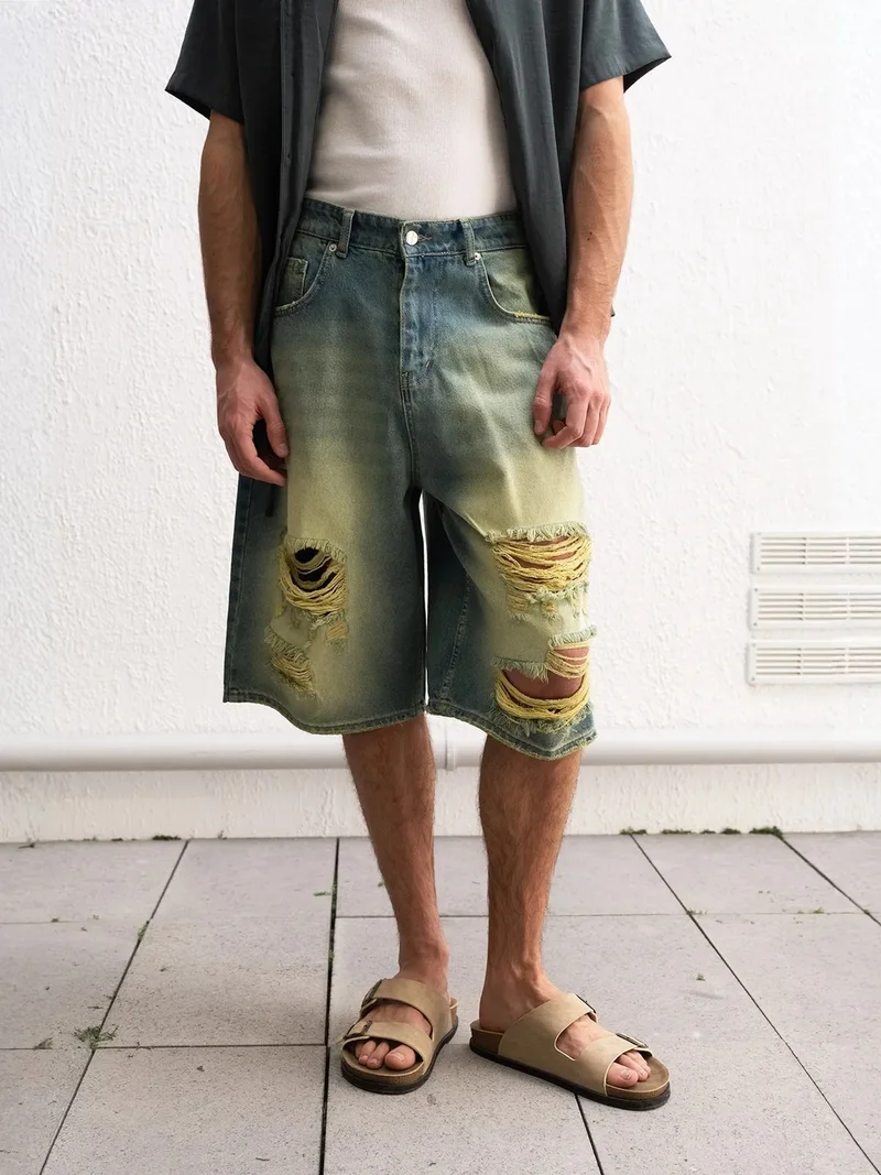 جيستو GIESTO Destroyed Denim Capri Shorts