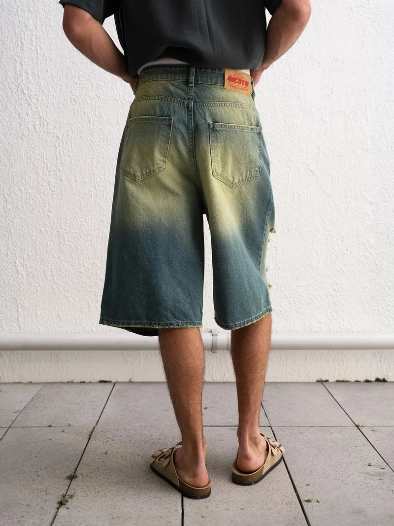 Giesto Green GIESTO Destroyed Denim Capri Shorts for Men | Best Price UAE
