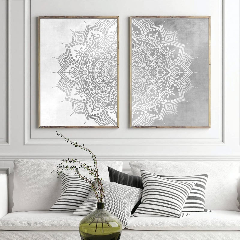 Gray Mandala Wall Art Mandala Canvas Wall Decor Abstract Flower Yoga Wall Art Boho Mandala Picture Yoga Lotus Painting Artwork for Living Room Bedroom Decor 16x24x2 Inch Unframed