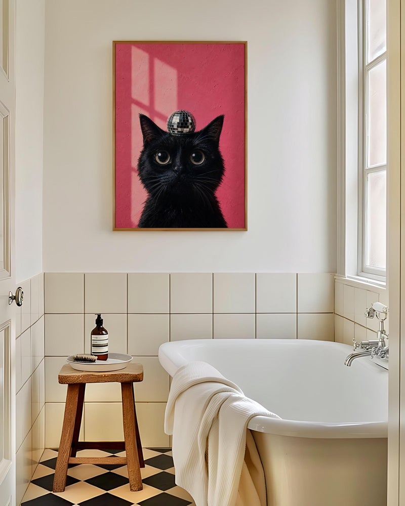 TNESSENTIAL Black Cat Wall Art, Disco Ball Cat Poster, Funny Pink Cat Print, Quirky Animal Decor, Maximalist Wall Art, Eclectic Cat Lover Gift - Image 2