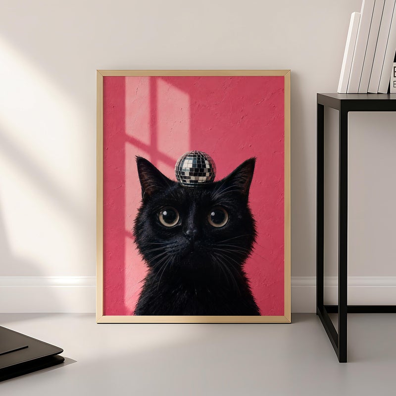 TNESSENTIAL Black Cat Wall Art, Disco Ball Cat Poster, Funny Pink Cat Print, Quirky Animal Decor, Maximalist Wall Art, Eclectic Cat Lover Gift - Image 1