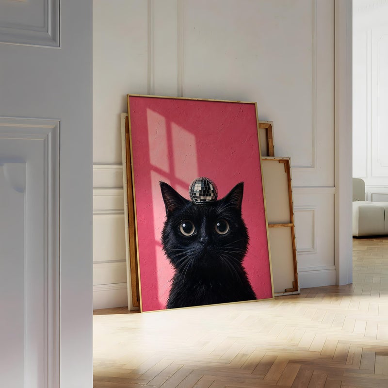 TNESSENTIAL Black Cat Wall Art, Disco Ball Cat Poster, Funny Pink Cat Print, Quirky Animal Decor, Maximalist Wall Art, Eclectic Cat Lover Gift - Image 5