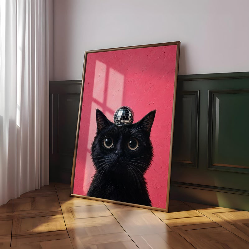 TNESSENTIAL Black Cat Wall Art, Disco Ball Cat Poster, Funny Pink Cat Print, Quirky Animal Decor, Maximalist Wall Art, Eclectic Cat Lover Gift - Image 3