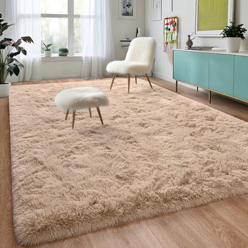 DweIke Fluffy Small Area Rug for Bedroom Living Room, 3x5 Feet Soft Plush Shaggy Beige Rugs for Girls Boys Kids, Non-Slip and Machine Washable Carpet for Nursery Dorm Home Decor - Image 2