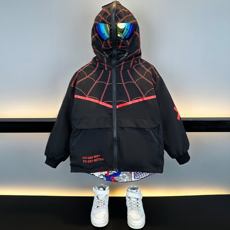 Boys' Spider-Man Jacket, Reversible Top, 2025 Spring Collection, Children'S Hooded Windbreaker With Goggles For Older Kids - Image 2
