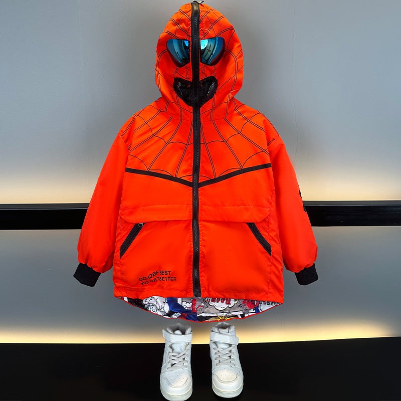 Boys' Spider-Man Jacket, Reversible Top, 2025 Spring Collection, Children'S Hooded Windbreaker With Goggles For Older Kids - Image 3