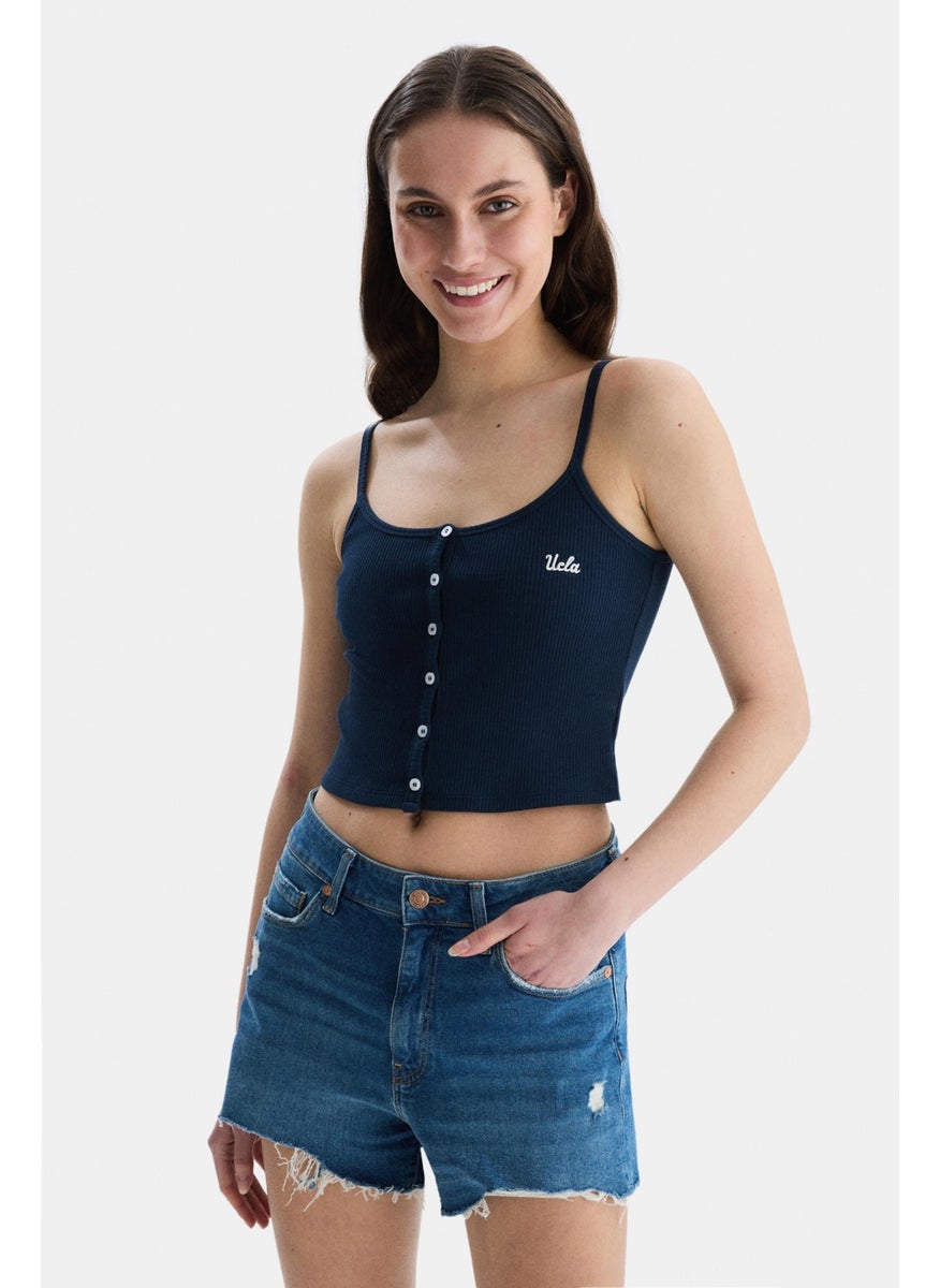 UCLA Rhodes Navy Blue Strappy Embroidered Women's Crop  - Image 1