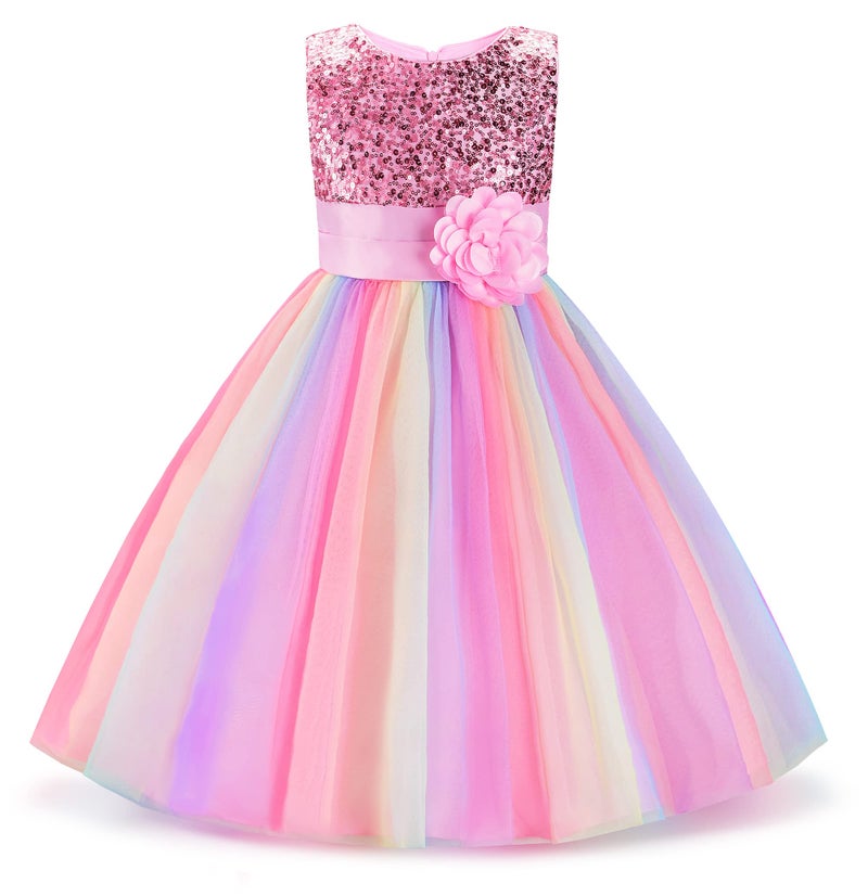 Uhnice Little Girl's Sequin Sleeveless Mesh Rainbow Dress for Wedding Party (6 Years, Pink) - Image 1