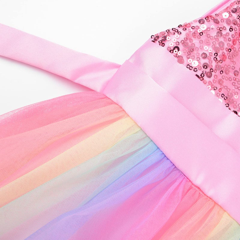 Uhnice Little Girl's Sequin Sleeveless Mesh Rainbow Dress for Wedding Party (6 Years, Pink) - Image 5