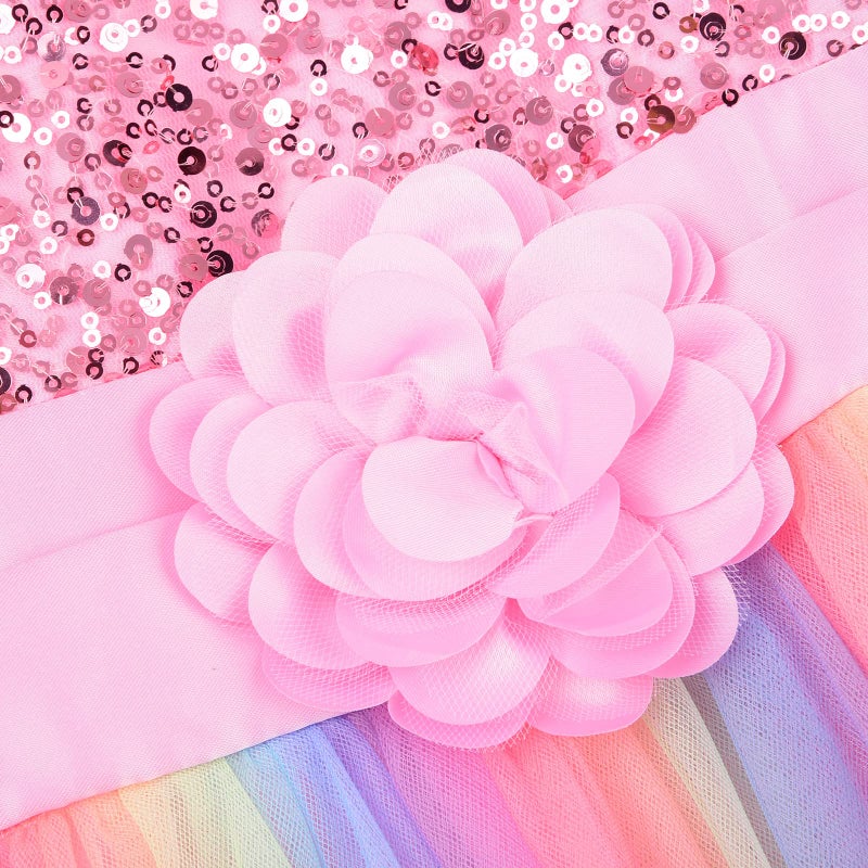 Uhnice Little Girl's Sequin Sleeveless Mesh Rainbow Dress for Wedding Party (6 Years, Pink) - Image 2