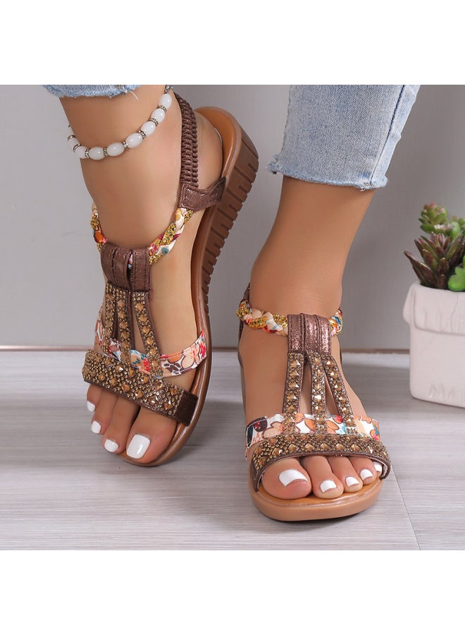 Summer New Arrival Korean Style Fashionable Fish Beak Set Feet Wedge Heel Fashionable Casual Large Size  Rhinestone Roman Sandals