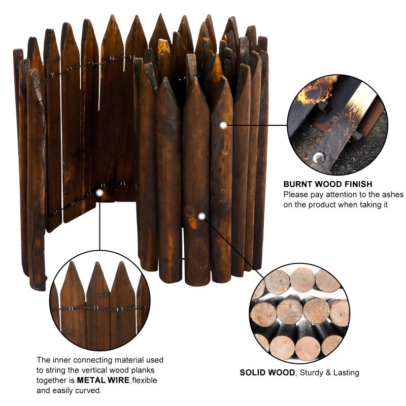 Worth Garden Wooden Short Fence Burnt Wood Finish Outdoor Landscape Edging Flexible Decorative Border - Tree Fence - Spring Garden & Yard Maintenance - 7.9'' H x 42'' L - K619A05 - Image 3