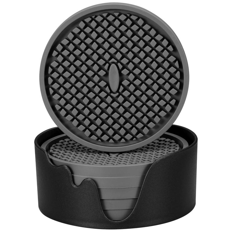 ME.FAN Silicone Coasters [6 Pack] Thickened Drink Coasters with Holder - Cup Mat - Non-Slip, Non-stick, Stay Put, Deep Tray - Prevents Furniture and Tabletop Damages(Gray) - Image 1