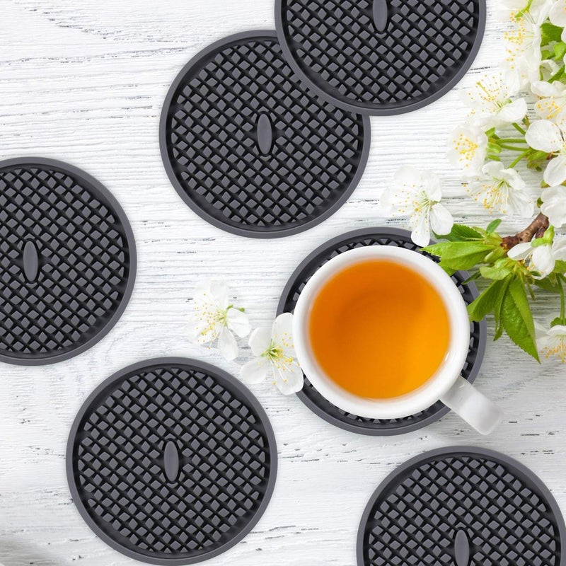 ME.FAN Silicone Coasters [6 Pack] Thickened Drink Coasters with Holder - Cup Mat - Non-Slip, Non-stick, Stay Put, Deep Tray - Prevents Furniture and Tabletop Damages(Gray) - Image 2