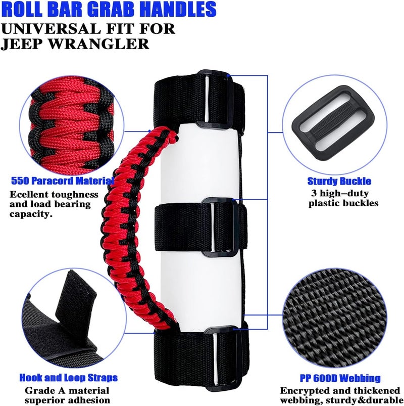 RDUNF 2 x Roll Bar Grab Handles Grip Handle for Jeep Wrangler YJ TJ JK JKU JL JLU Sahara Rubicon X Sports Freedom & Unlimited 1987-2022 (Black/Red) - Image 3