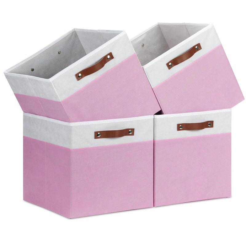 Temary Foldable Cube Baskets 4Pack Clothes Shelf Storage with Handles Fabric Storage Organizer Bins WhitePink 13x15x13 Inch - Image 2