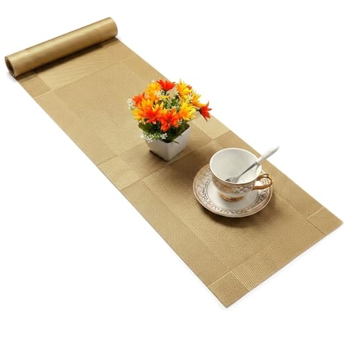 Ramkuwar Premium PVC Woven Vinyl Table Runner Non-Slip Washable Heat Resistant Dining Table Cover Mat for Kitchen, Restaurant, Hotel and Home Décor – Gold (Pack of 1) - Image 1