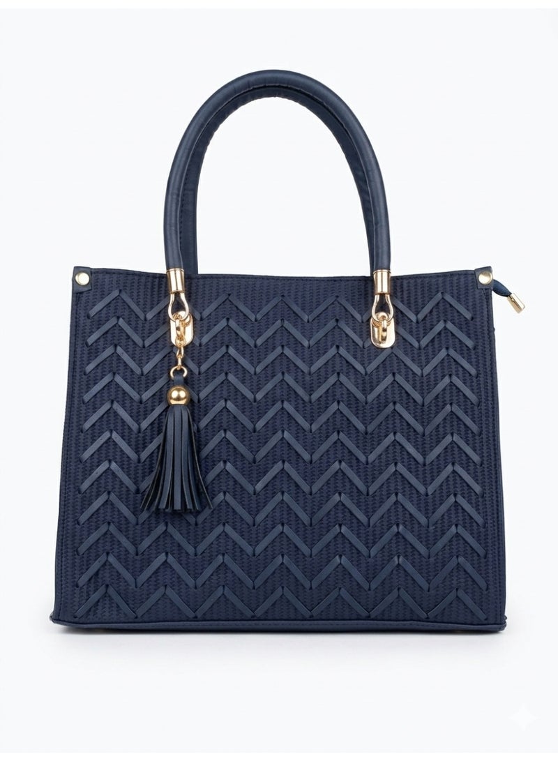 Women's Fashion Handbag,Chevron Weave Design, Tassel and Gold Accessories (Navy) - Image 1