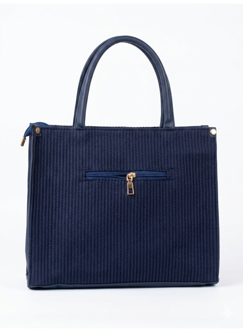 Women's Fashion Handbag,Chevron Weave Design, Tassel and Gold Accessories (Navy) - Image 2