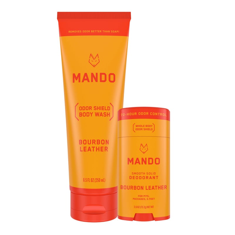 Mando Smooth Solid Stick (2.6 Ounce) + Acidified Body Wash (8.5 Ounce) - Clinically Proven to Block Odor All Day - Whole Body Safe For Pits, Packages + Feet (Bourbon Leather) - Image 1