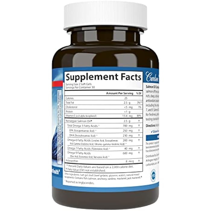 Carlson - Salmon Oil Complete, 700 mg Omega-3s + Astaxanthin, Cardiovascular Support, Brain Function & Joint Health, 60 Softgels - Image 2