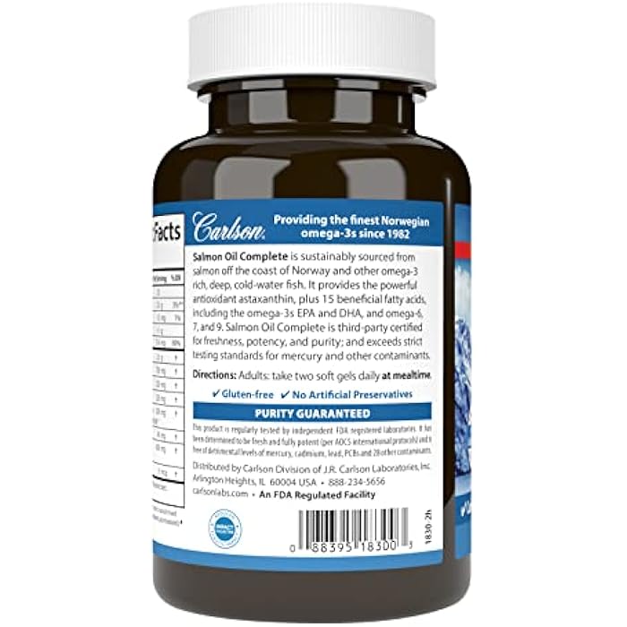 Carlson - Salmon Oil Complete, 700 mg Omega-3s + Astaxanthin, Cardiovascular Support, Brain Function & Joint Health, 60 Softgels - Image 3